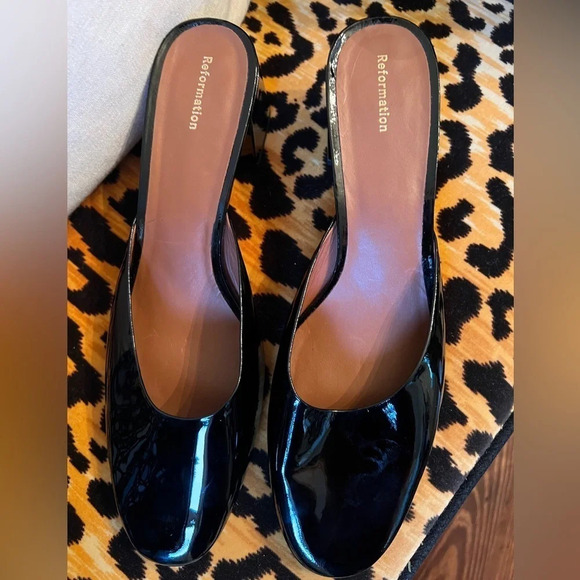 REFORMATION Marina Block Heel Mule Black Patent Leather  NEW Sold Out Online - Picture 7 of 14